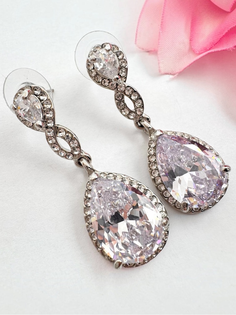 Cubic Zirconia Bridal Earrings Teardrop CZ Infinity Eternal Love Bridal Wedding